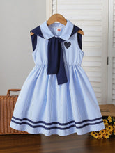 Young Girl' Striped Collar Heart Embroidery Dress + Minimalist Solid Color Shawl